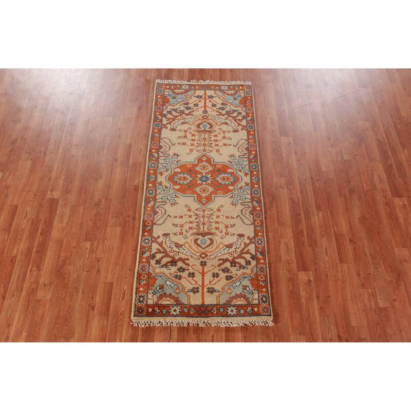 Hand Knotted Oriental 100% Wool Carpet Transitional Medallion Peach Oushak Area Rug - 5' 11'' X 2' 6''