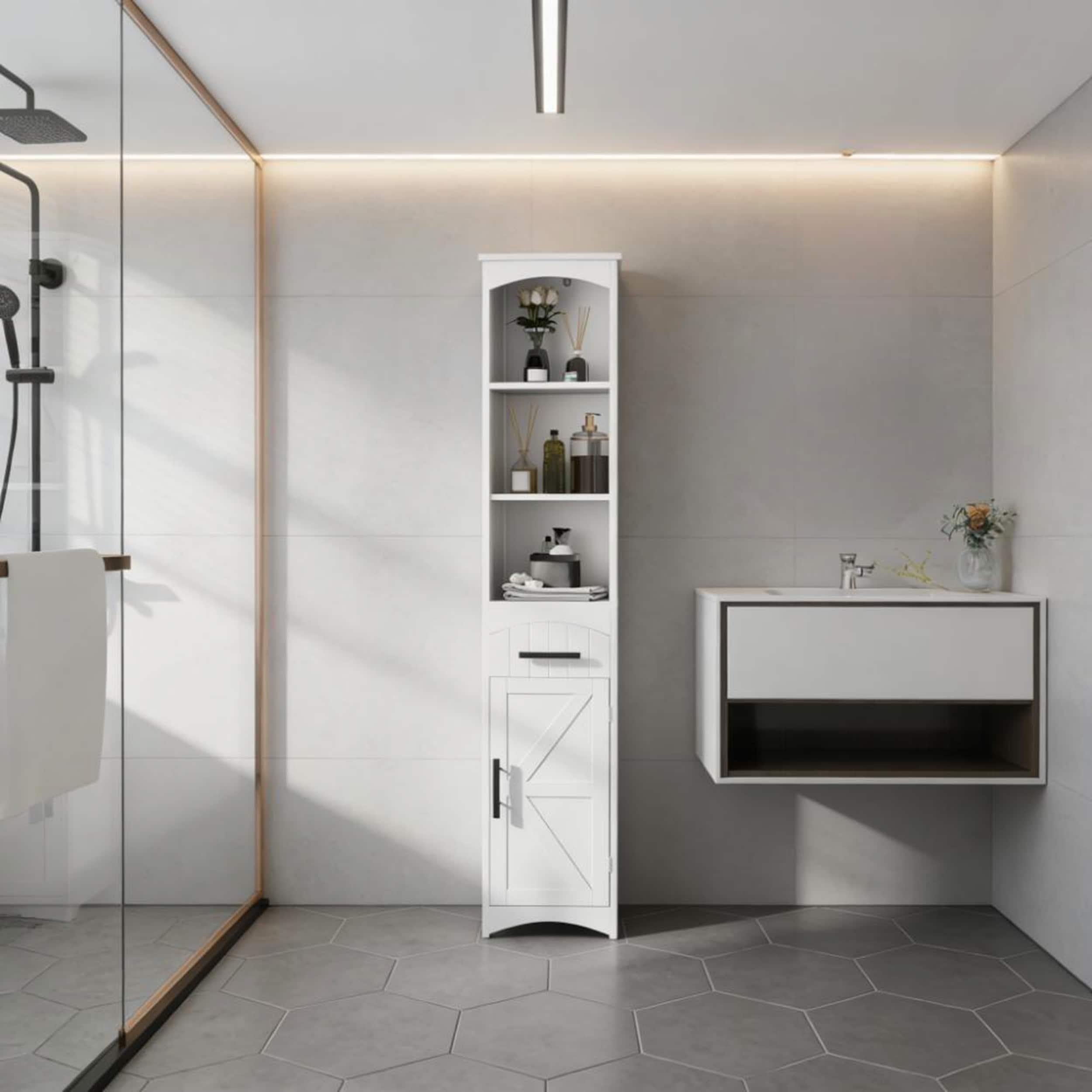 Narrow Tall Slim Bathroom Storage Cabinet with Barn Door and Recessed Drawer for Efficient Organization