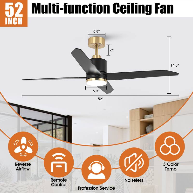 52" Modern Matte Black DC Motor Ceiling Fan with Light and Remote Control