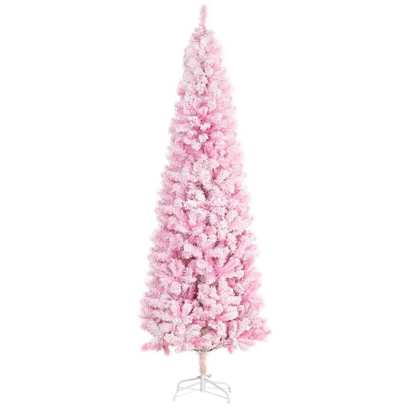 7.5ft Unlit Slim Snow-Flocked Christmas Tree, Pencil Shape with Realistic Branches & Sturdy Base - Pink