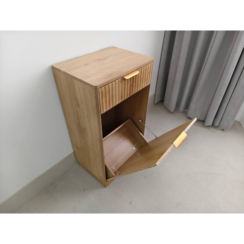 10-Gallon Woodgrain Tilt-Out Trash Can Cabinet Wooden Garbage Recycling Cabinet with Wave-Textured Hideaway Drawer&Pull-Out Bin