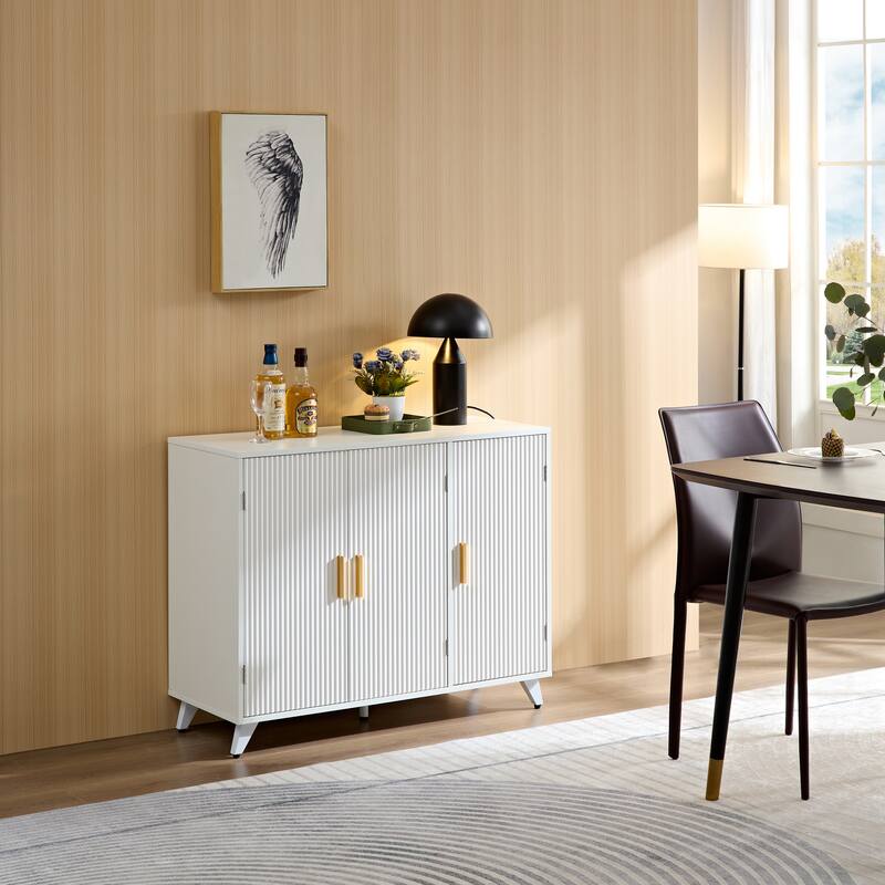ideboard with wavy texture buffet cabinet, white accent cabinet with door, modern bookcase for kitchen living room, entrance way