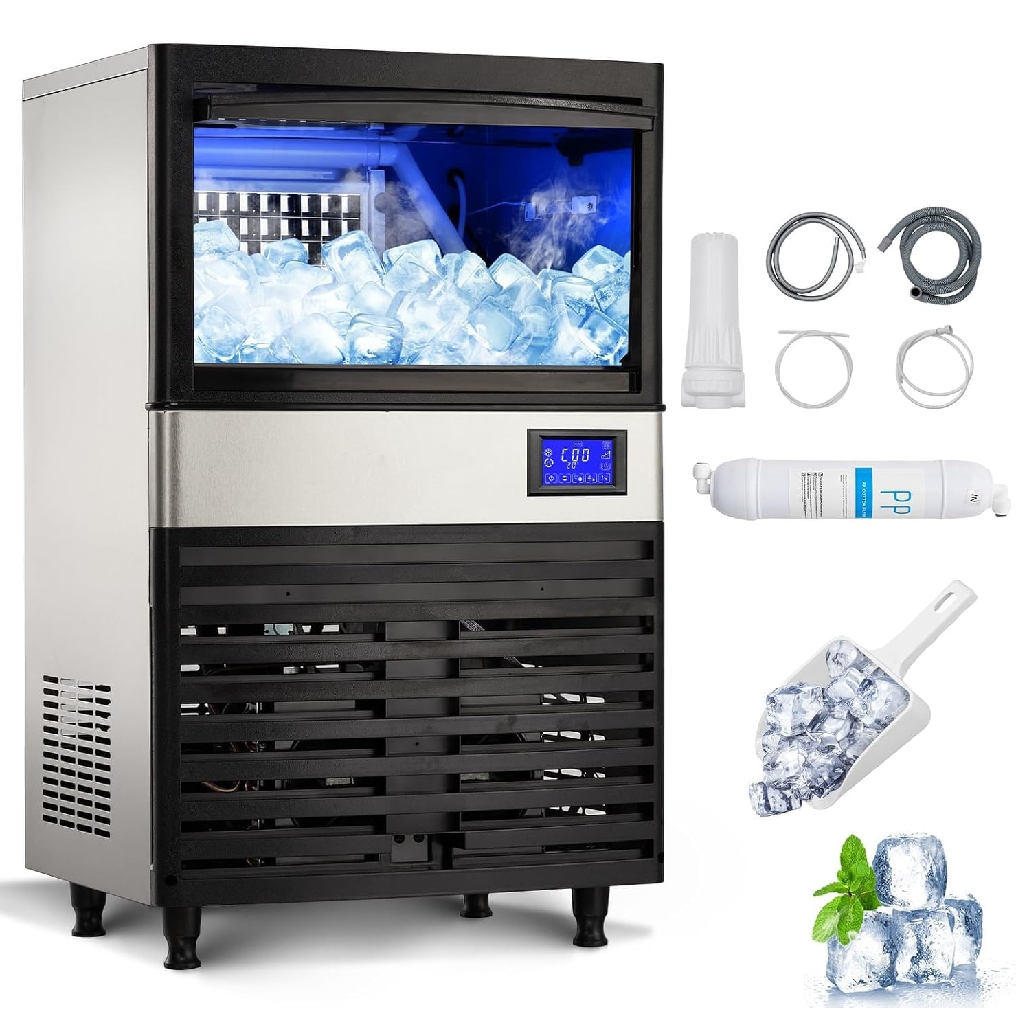Commercial Ice Maker Machine, 150 Lbs/24H with Storage Bin, Stainless Steel Ice Maker