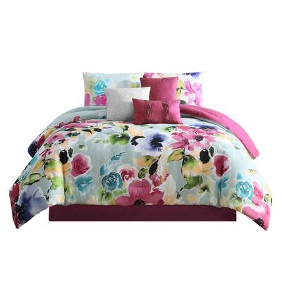 7 Piece King Comforter Set with Bright Floral Print, Multicolor