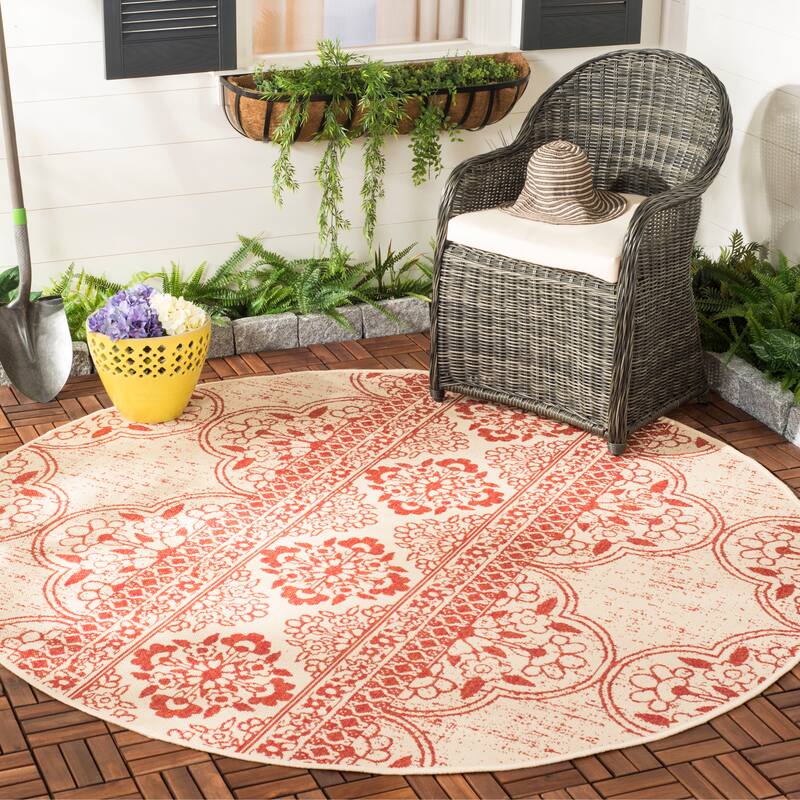 SAFAVIEH Beach House Belina Indoor/ Outdoor Waterproof Patio Backyard Rug - 6'7" Round - Red/Creme