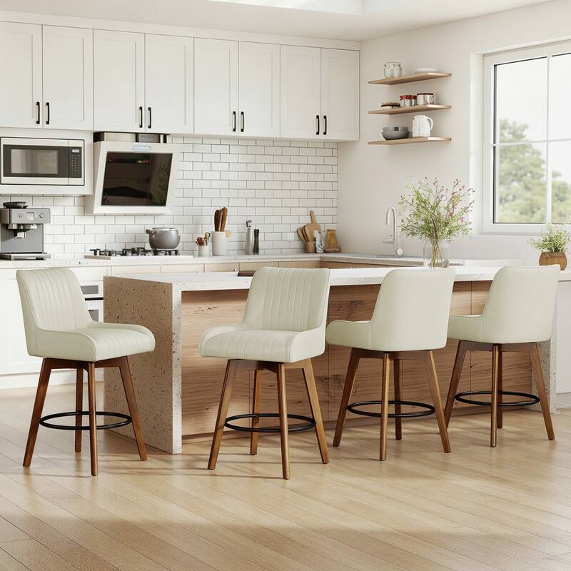 26" Faux Leather Upholstered Wood Swivel Counter Stool Set of 3 or 4 - 38.8"H x 20.5"W x 21.7"D - Set of 4 - Beige