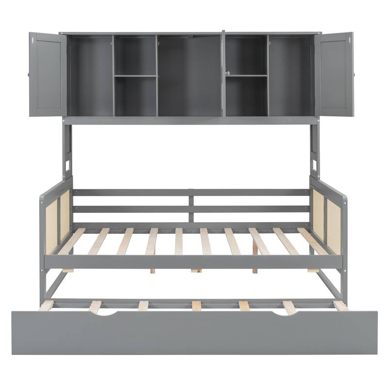 Twin Daybed with Roll-Out Trundle, Storage Shelves & Cabinet, Sturdy Wood Construction
