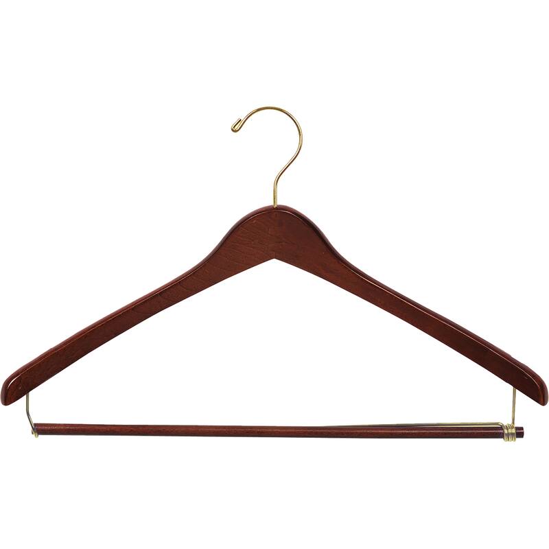 Large Walnut Wooden Suit Hanger W/ Locking Pant Bar, 18" Length X 1/2" Thick, Brass Hardware Box of 50