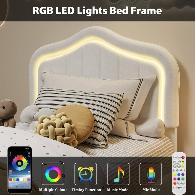 Twin Upholstered Bed Frame with LED Headboard & Storage Drawer, Platform Bed for Kids, No Box Spring Needed