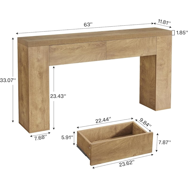 63-Inch Wooden Console Table with 2 Hidden Drawers, Sofa Table for Living Room, Hallway, Entrance, Foyer