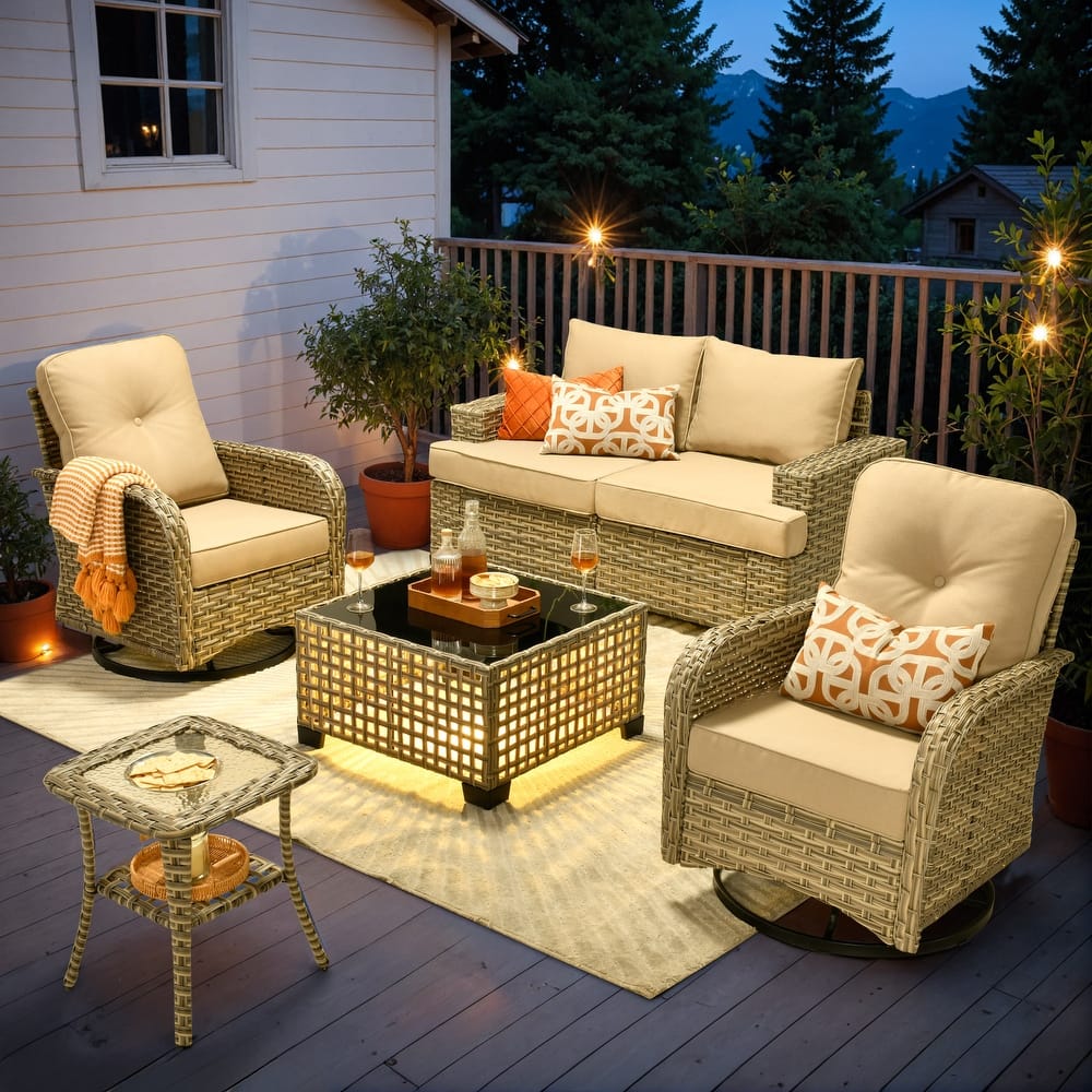 OVIOS 6 Pieces Wide Arm T shaped Seat Curved Swivel Chair Set With Solar-Powered Table