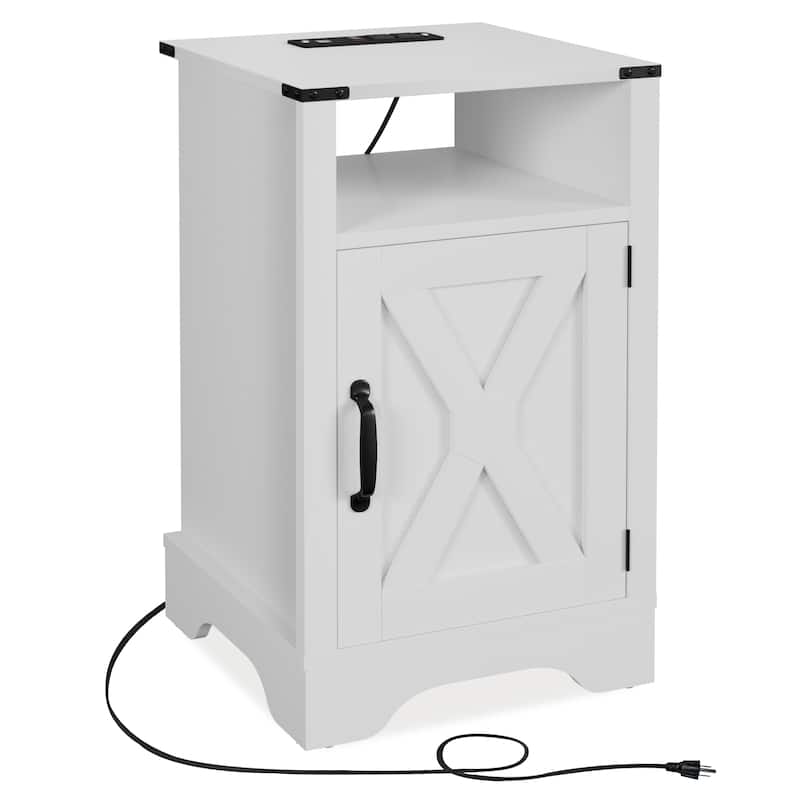 Rustic Farmhouse Nightstand with Charging Station - White, 2 USB Ports & 2 Outlets, Ample Storage