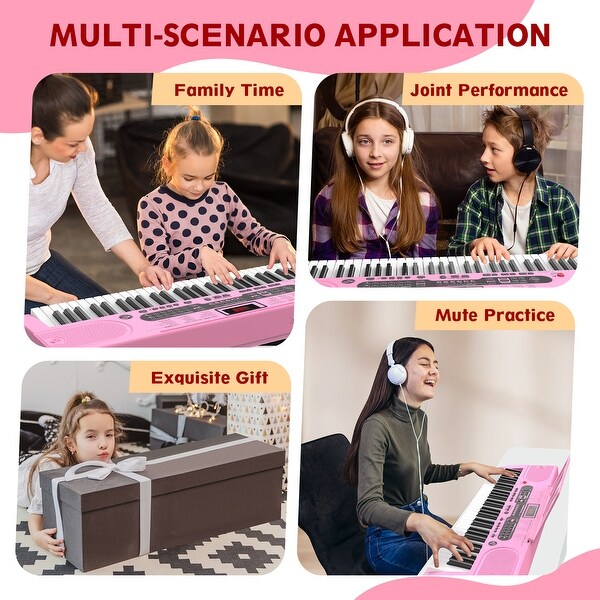61-Key Pink Electric Keyboard Piano for Beginners with Stand