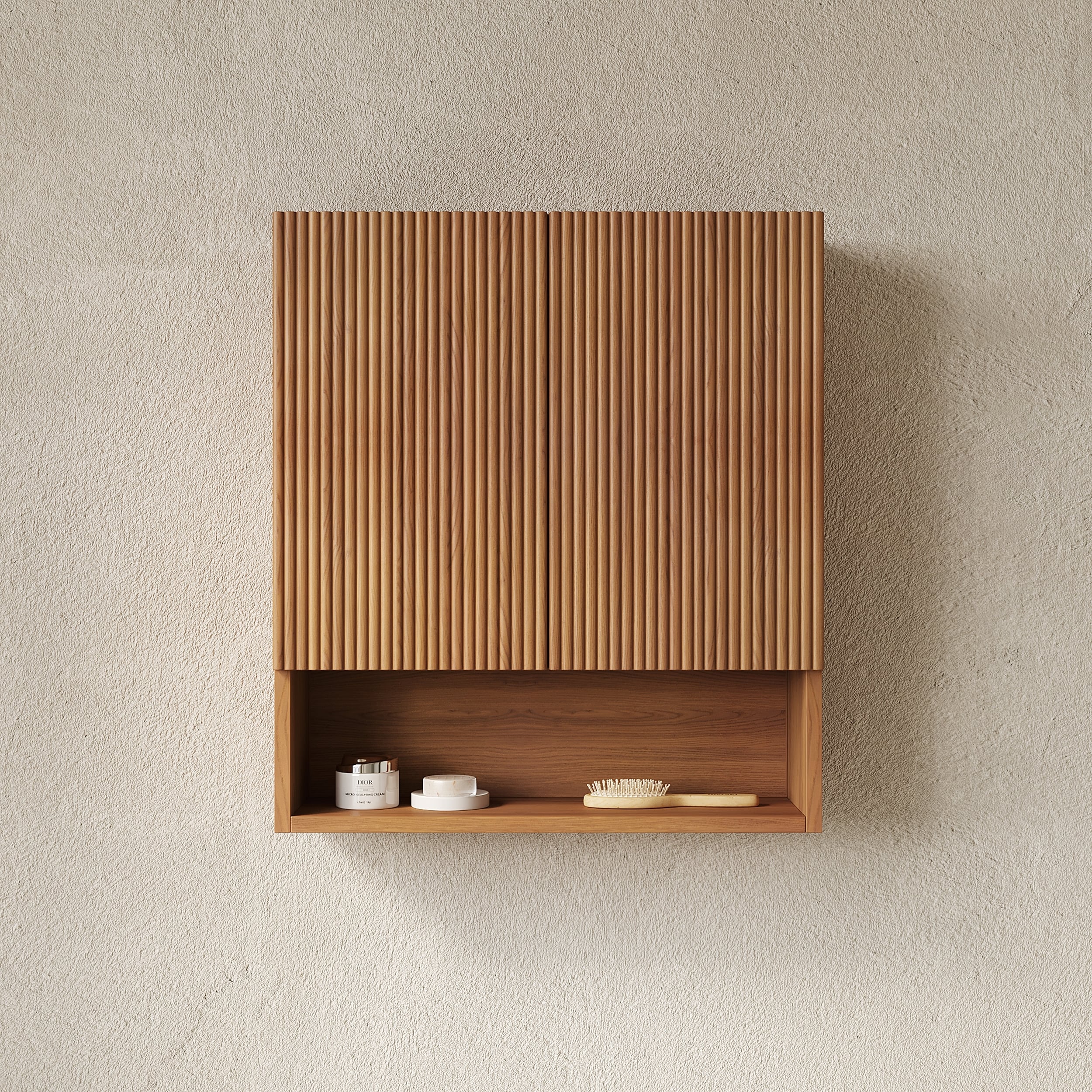 Wall-Mounted Striped Bathroom Cabinet with Doors, Shelf, and Open Storage for Efficient Organization