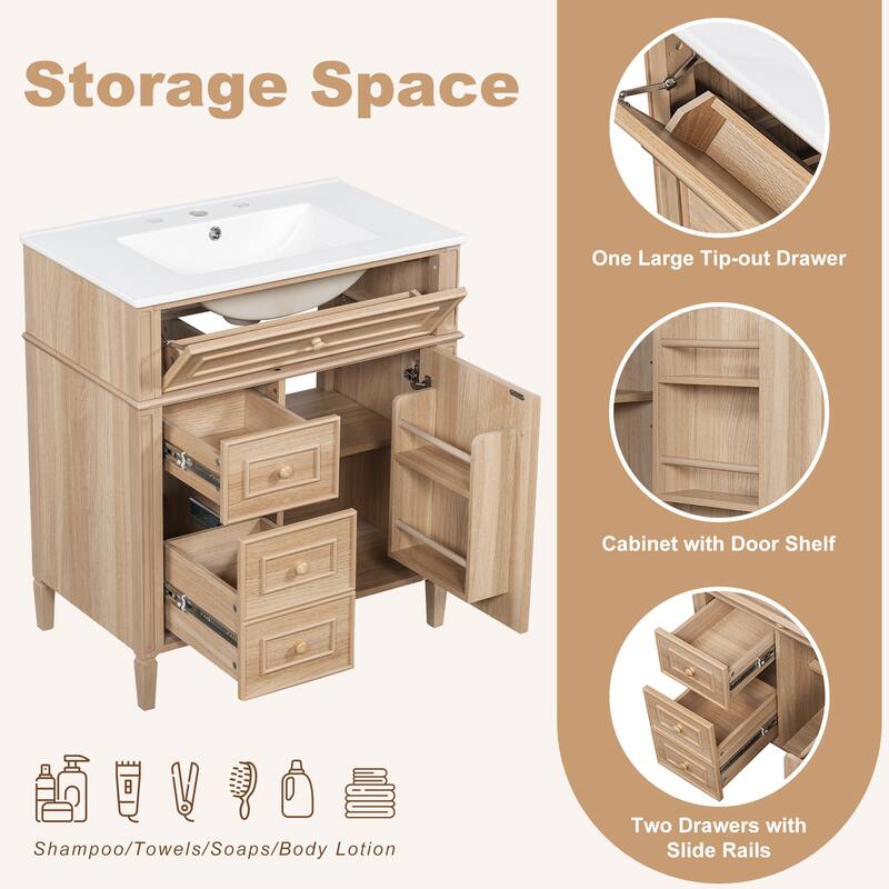 Freestanding Bathroom Vanity with Sink, Center Rectangular Ceramic Sink Bathroom Storage Cabinet, 24"/30"