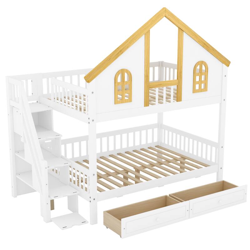 GDFStudio -DreamCottage Modern Wooden House Roof Bunk Bed with Storage Drawers and Staircase