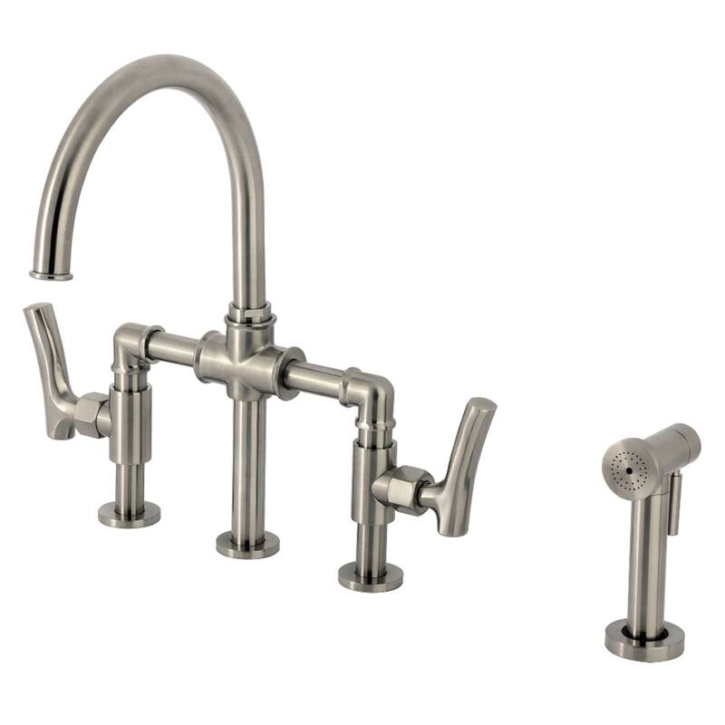 Kingston Brass Hallerbos Two-Handle 4-Hole Deck Mount Bridge Kitchen Faucet with Brass Side Sprayer - Brushed Nickel