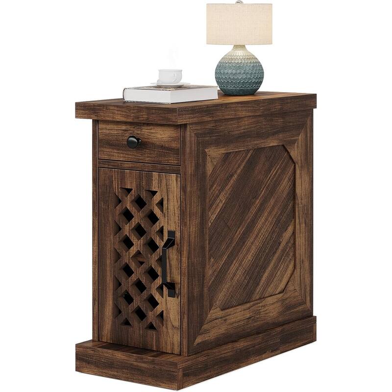 Narrow End Table with Drawer & Cabinet, 11.8" Slim Nightstand for Small Spaces, Farmhouse Side Table with Storage Shelf