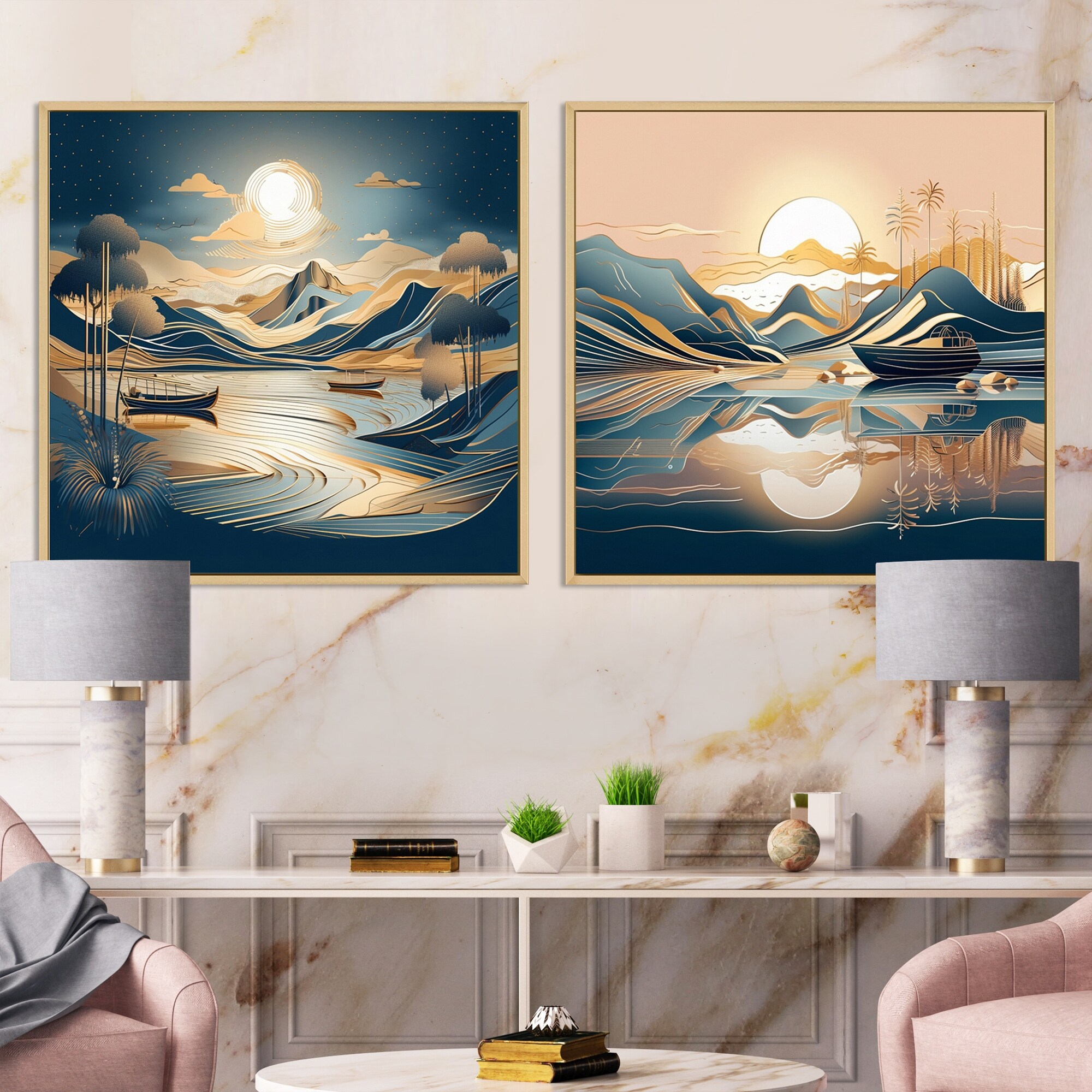 Designart "Gold Metallic Coastal Paradise" Abstract Landscapes Framed Art Set Of 2 Blue - Traditional Wall Art 2 Pieces