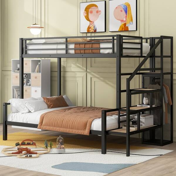 slide 2 of 11, Twin over Full Size Metal Bunk Bed with Storage Staircase and Open Wardrobe Black