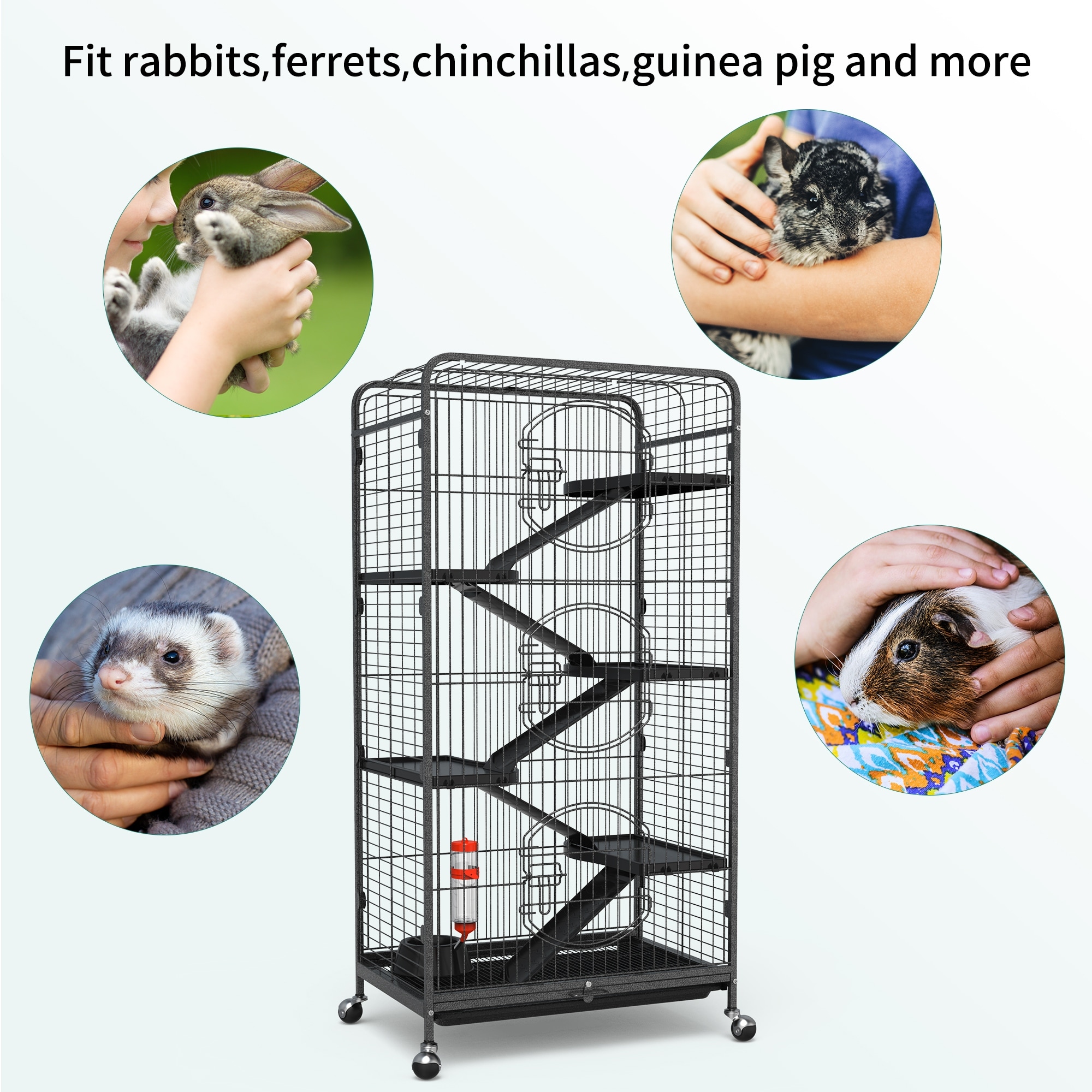 52 inch Metal Ferret Cage Small Animal Cage with Rolling Stand Indoor Outdoor for Squirrel Bunny Cat Rabbit Black