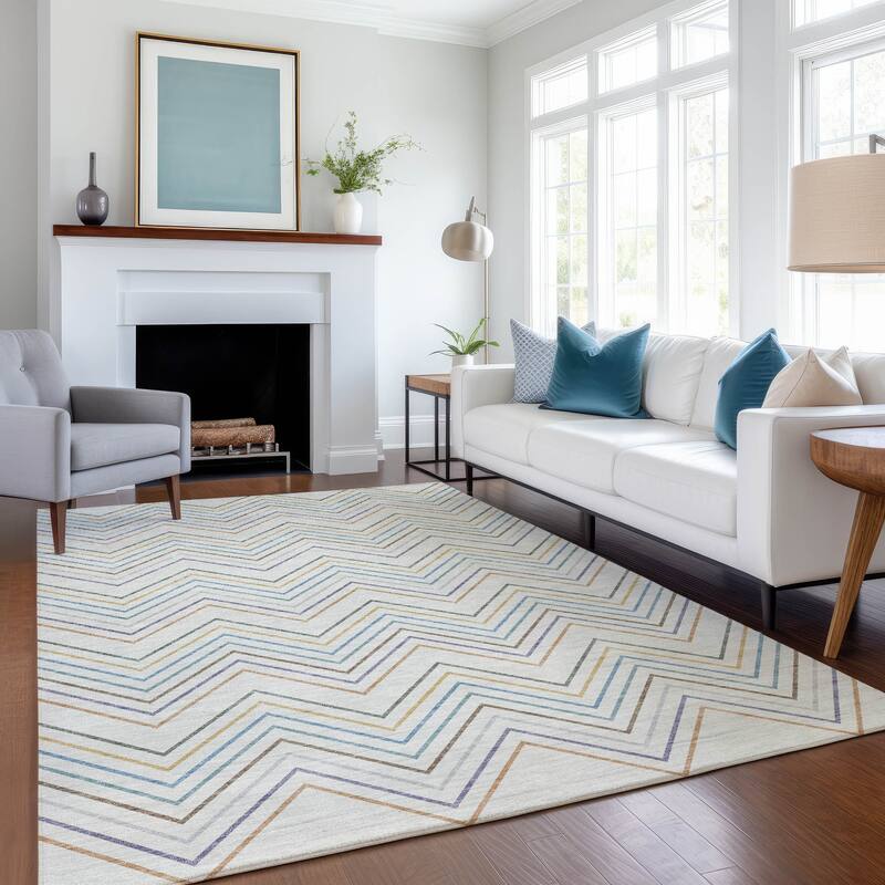 Machine Washable Indoor/ Outdoor Modern Chevron Chantille Rug