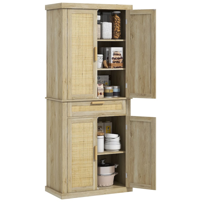 72" Tall Pantry Cabinet with Rattan Decorated Panel, Freestanding Boho Kitchen Storage Cabinet with 4 Doors, Drawer - Oak
