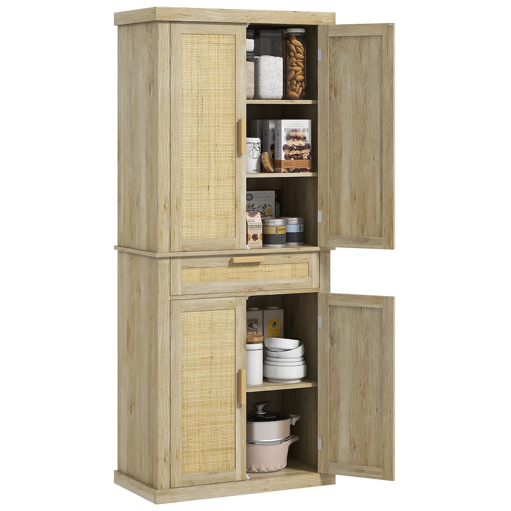72" Tall Pantry Cabinet with Rattan Decorated Panel, Freestanding Boho Kitchen Storage Cabinet with 4 Doors, Drawer