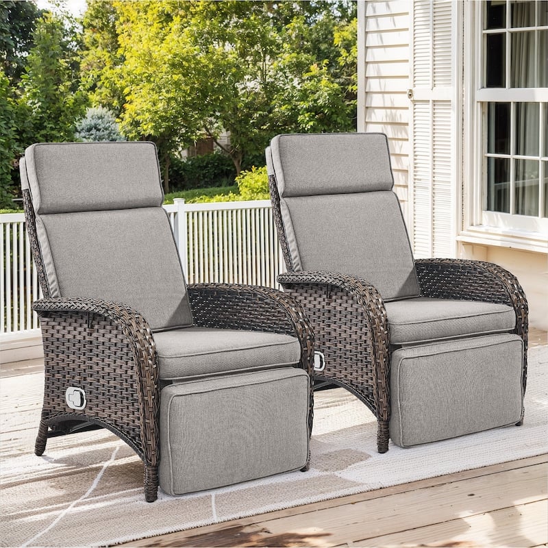 Outdoor PE Wicker Chaise Lounge Chairs Set of 2 - Brown - Beige