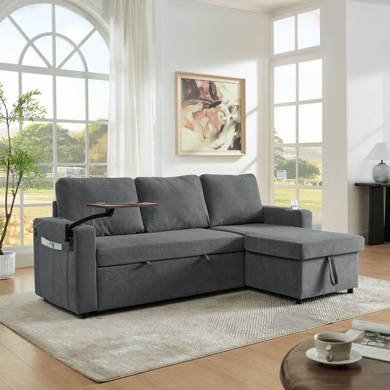 Pull Out Sleeper Sofa Bed Chenille L-shaped Sectional Couch with Storage Chaise, Retractable Table, LED, USB and Cup Holders