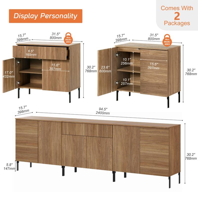 94.5" Modern Reeded Drawer Dresser Set With Doors, Minimalist Chest Of Drawers With Storage