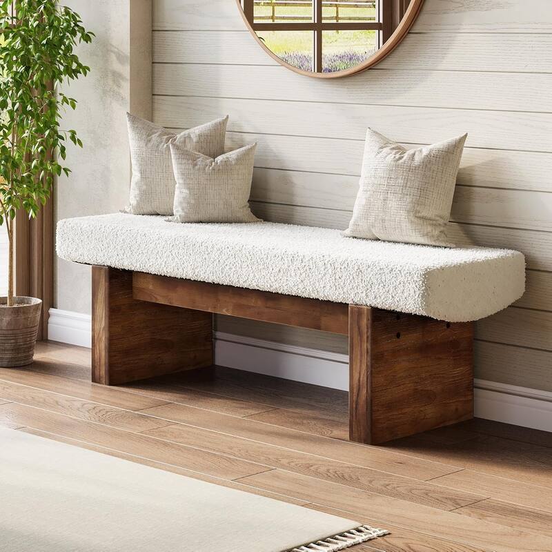 Solid Wood Upholstered Entryway Bench, Bedroom Bed End Foyer Accent Bench Dining Kitchen Bench for Living Room - Brown+White