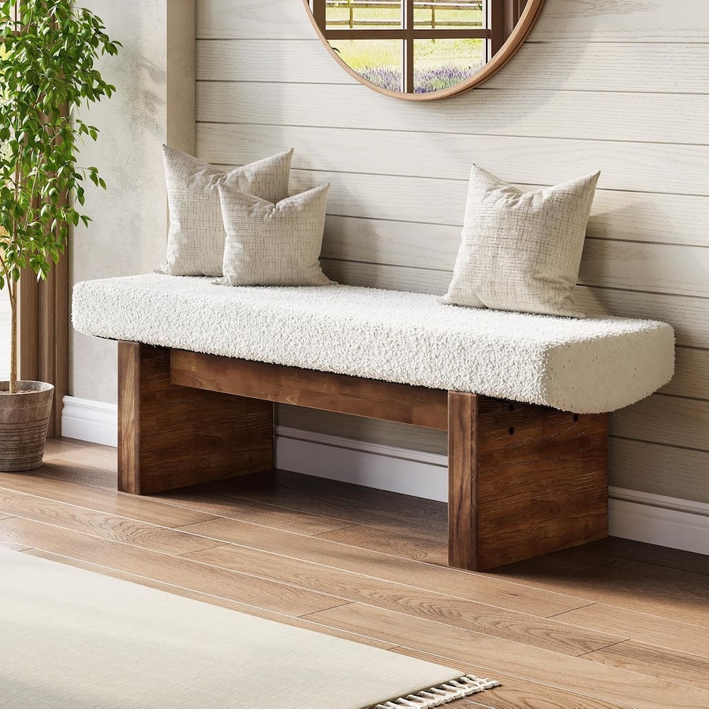 Solid Wood Upholstered Entryway Bench, Bedroom Bed End Foyer Accent Bench Dining Kitchen Bench for Living Room