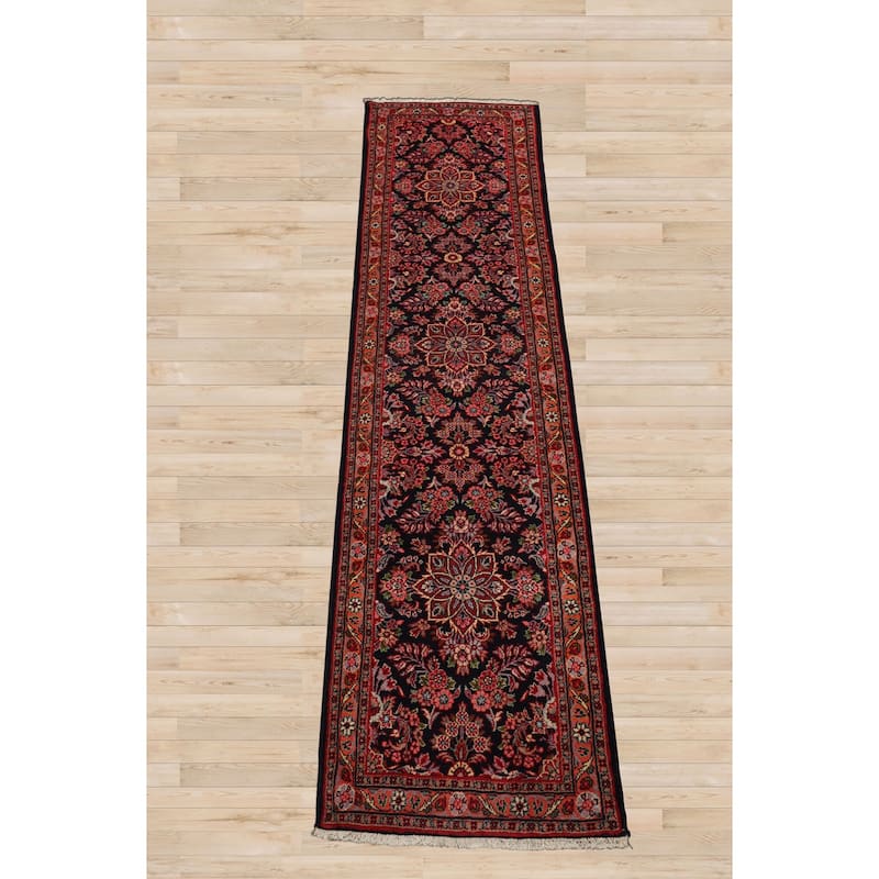 2'3''x11 Runner Hand Knotted Wool Navy Hamedan Traditional Rug - 2' 3'' x 11'