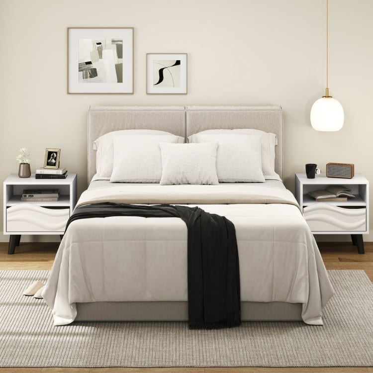 White and Black Nightstand with 3D Wavy Drawer Open Shelf and Tapered Feet