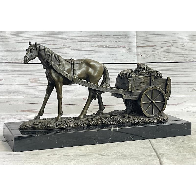 Signed Original Working Imitative Horse With Carriage Bronze Statue Sculpture Figurine Art