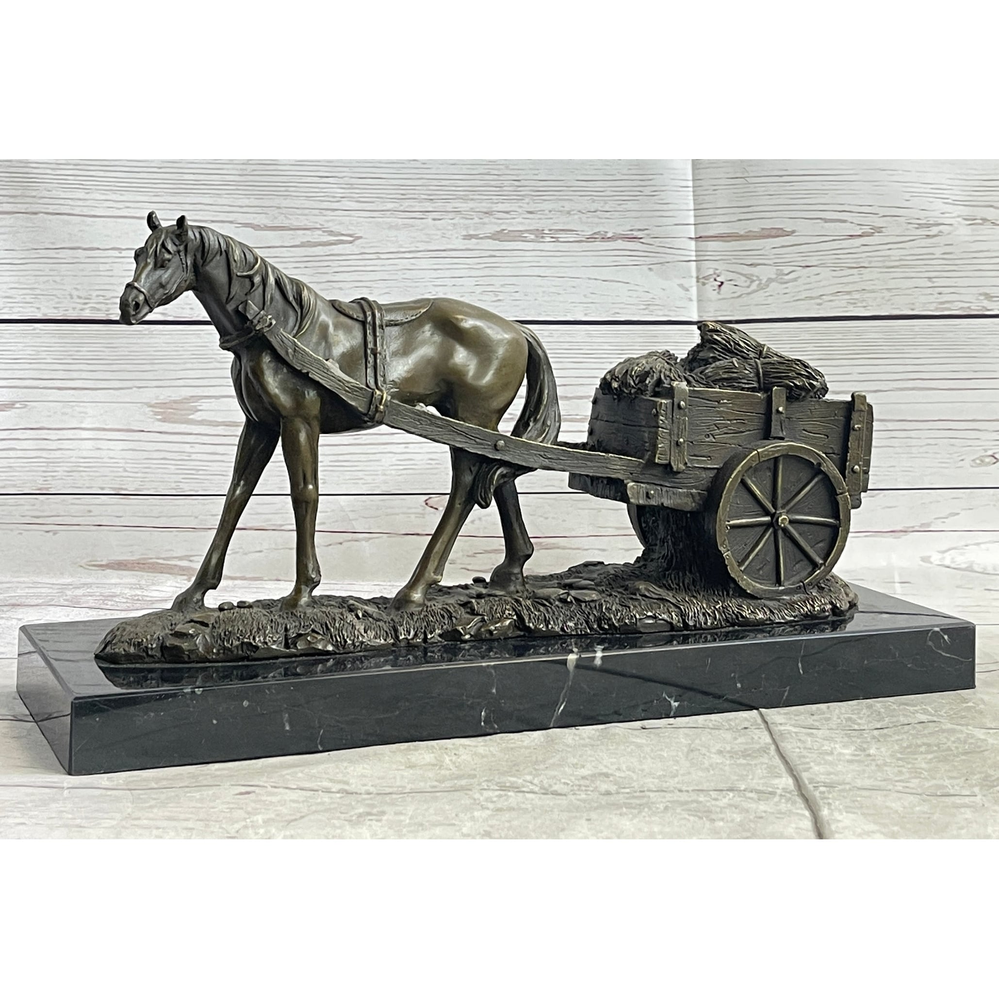 Signed Original Working Imitative Horse With Carriage Bronze Statue Sculpture Figurine Art