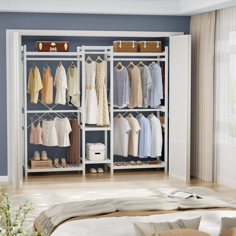 Bamboo Closet System Clothes Rack, Large Freestanding Garment Rack Clothing Rack for Hanging Clothes