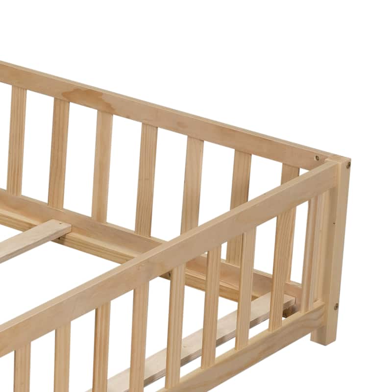 Natural Full Size Floor Platform Bed with Fence and Door for Kids