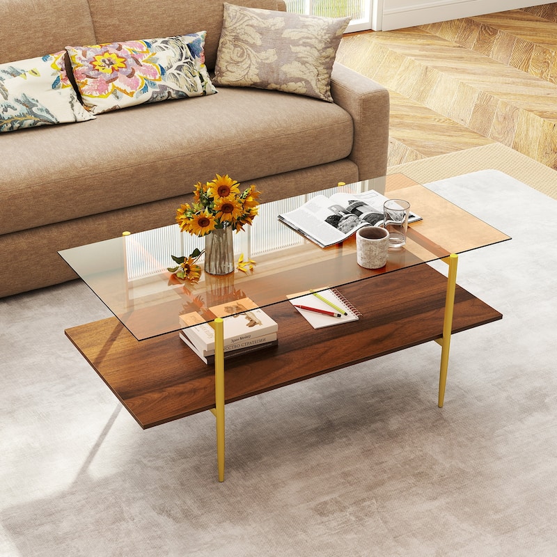 Gymax 2-Tier Glass Coffee Table w/ Tampered Glass Tabletop & Open