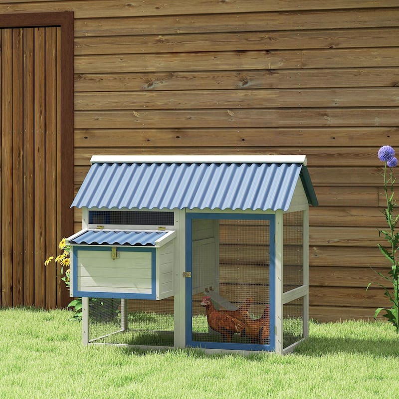 PawHut 55.5" Chicken Coop, Wooden Hen House with Run Box, Nesting Box, Removable Tray, Ramp, White