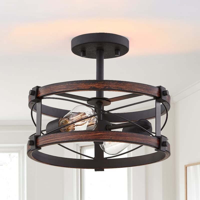 2-Light Black and Vintage Wood Rustic Semi-Flush Mount Ceiling Light - 15 in. W