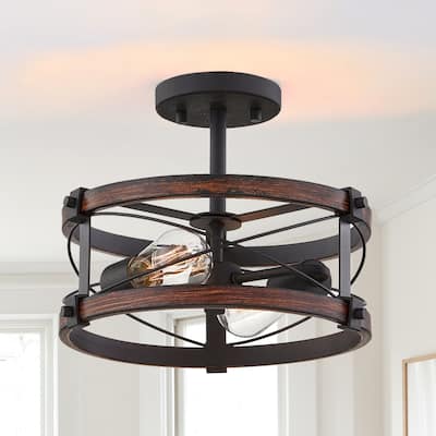 2-Light Black and Vintage Wood Rustic Semi-Flush Mount Ceiling Light - 15 in. W