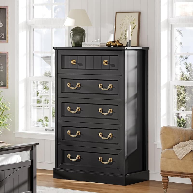 Farmhouse Drawers Dresser for Bedroom Wood Rustic Chest of Drawers - Black - 5-drawer
