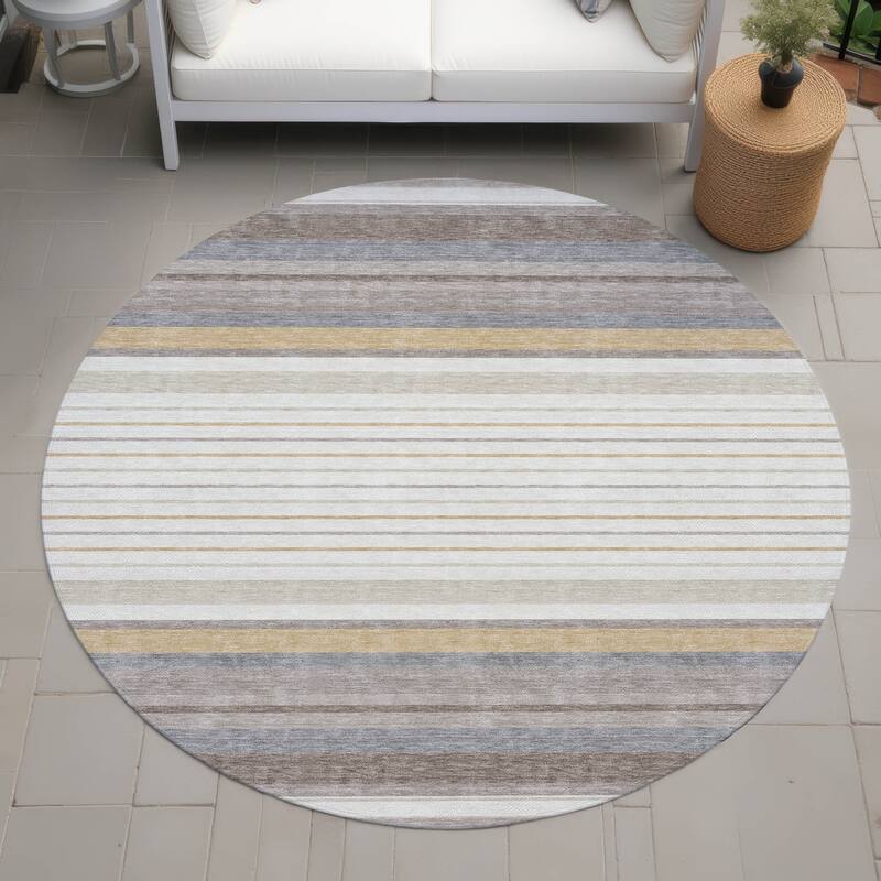 Machine Washable Indoor/ Outdoor Modern Stripes Chantille Rug - Ivory - 8' x 8'