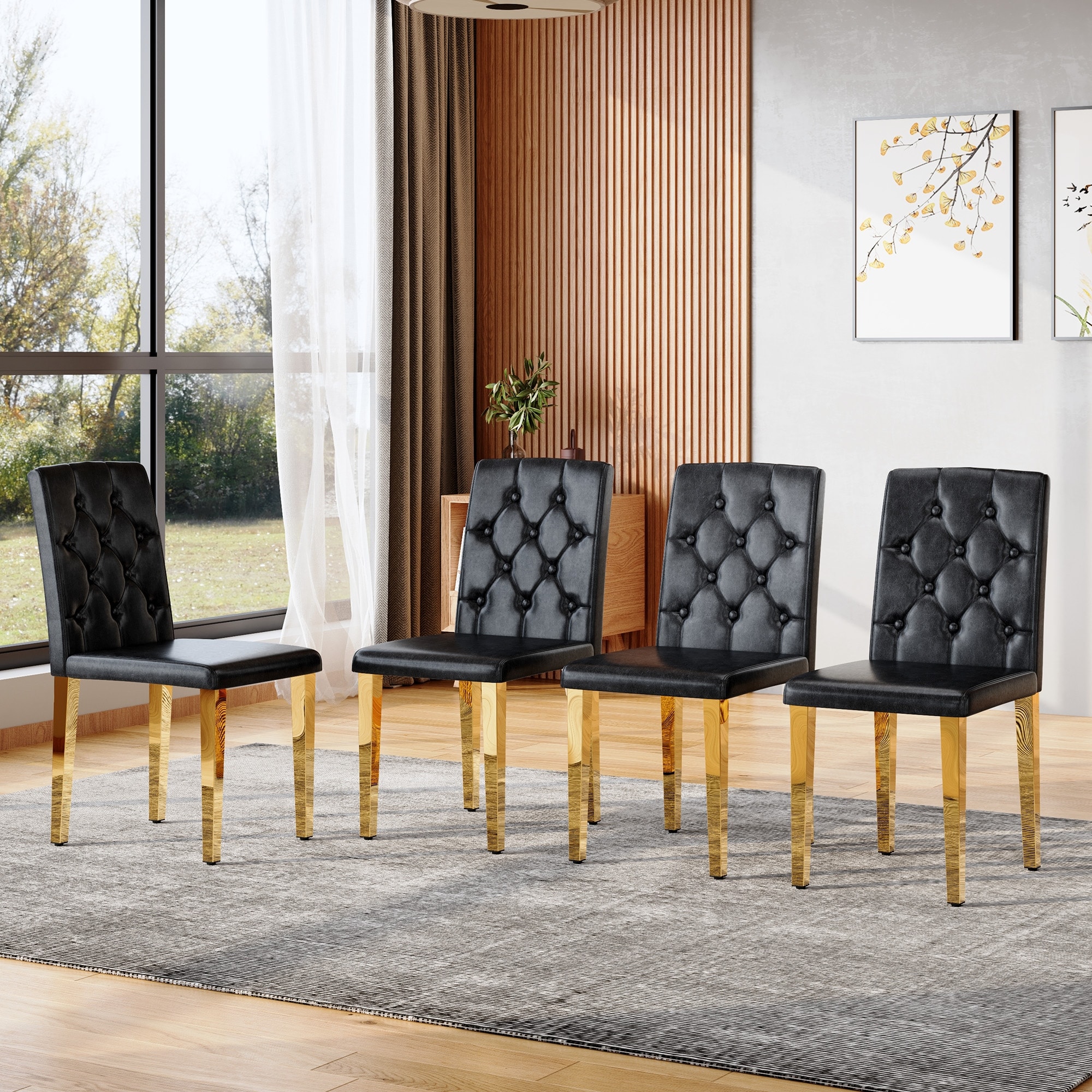 4-Pack Black PU Dining Chairs, Ergonomic Buckle Backrest, 35 Inch High, Golden Metal Legs, Combines Comfort and Texture