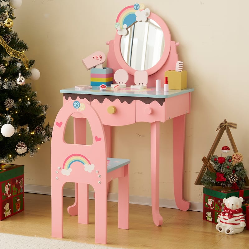 Kids Vanity Table and Chair Set with 7 Pretend Makeup Toys Rainbow Design Pink Stool Storage for Girls Room Gift - Pink