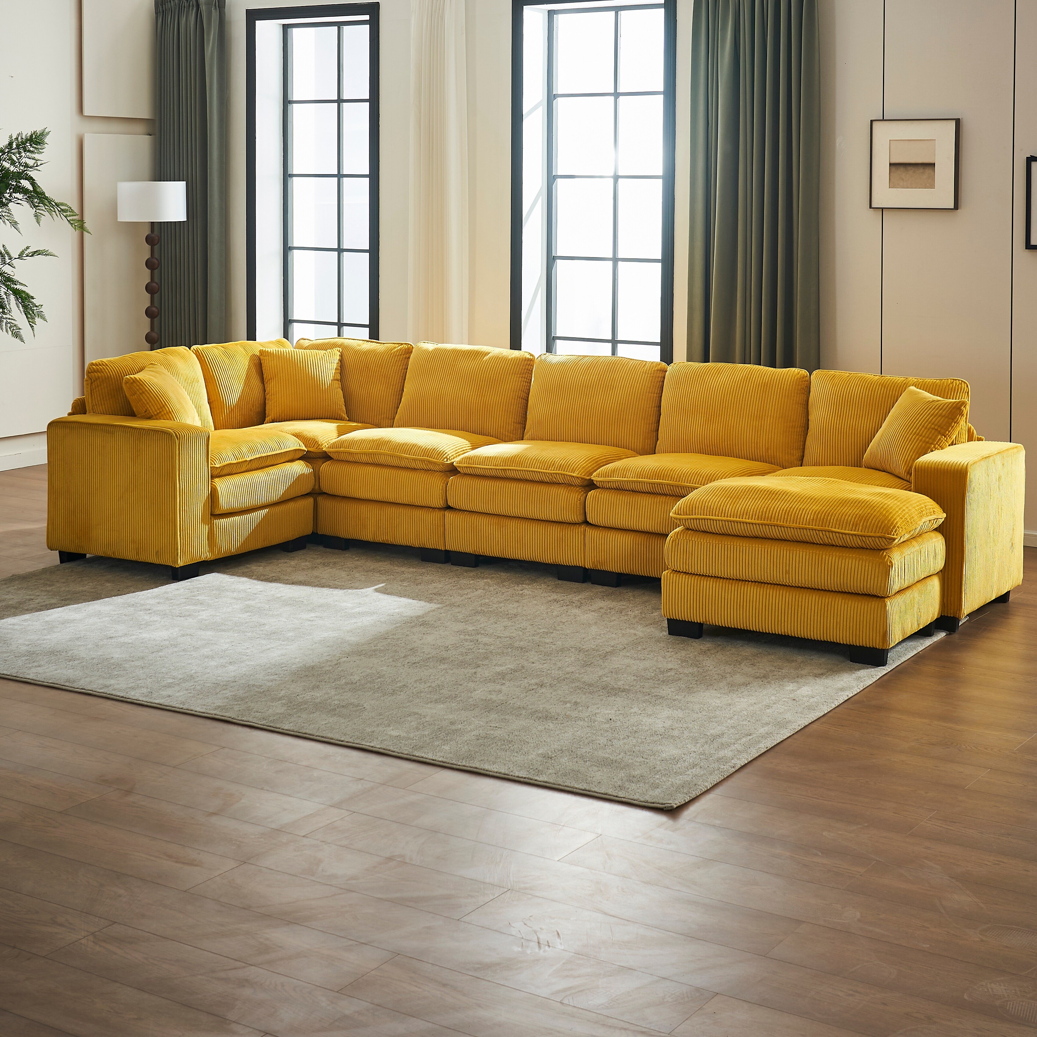 Modular Sectional Sofa for Living Room, U Shaped Sofa Couch with Ottoman and Three Toss Pillows, Corduroy Fabric Sofa Set