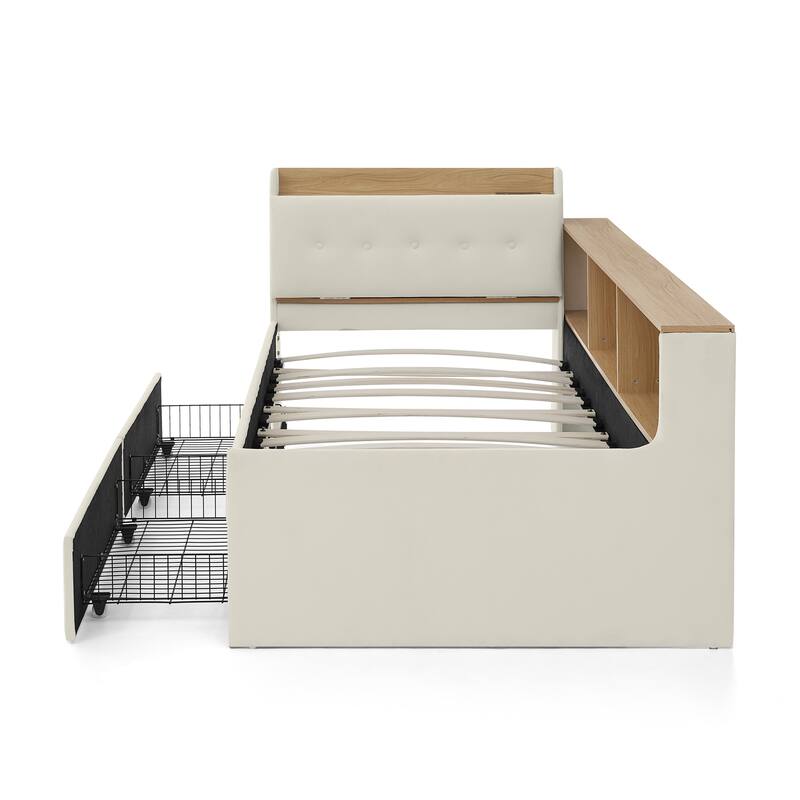 Roomfitters Twin Daybed with Storage Headboard, Wireless Charging, Drawers & Lighting, Velvet Upholstery