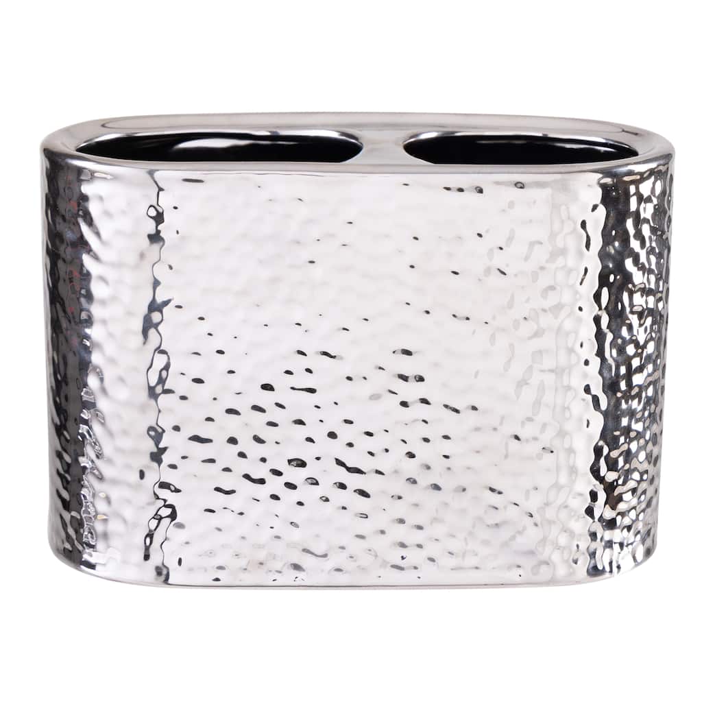 Elle Décor Hammered Metallic Ceramic Toothbrush Holder - Silver - 7"x 3.15"x 4.3"